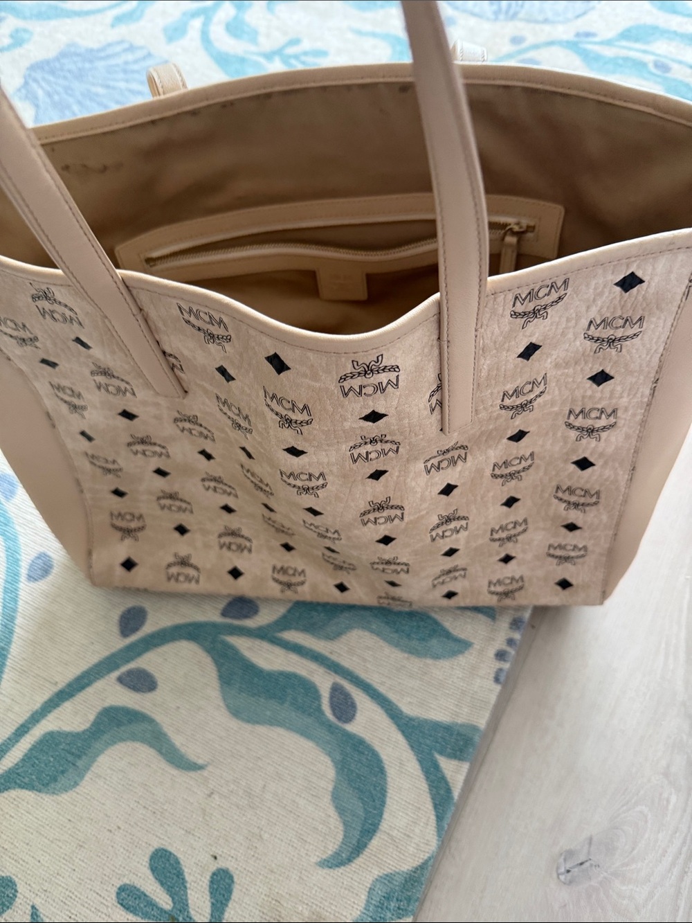MCM Beige Logo Canvas Tote with Black Diamond Print